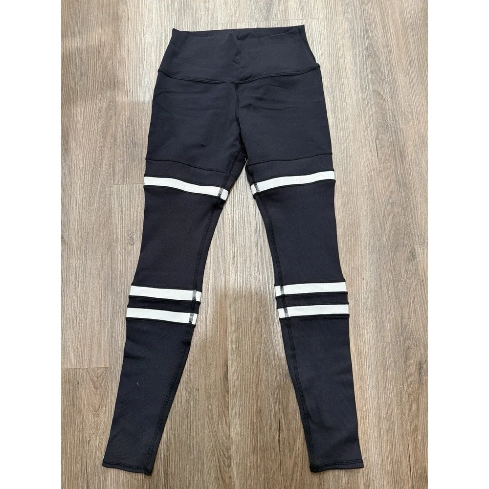Alo Yoga High-Waist Legit Leggings Black Varsity Stripe Ribbed‎ Sz M